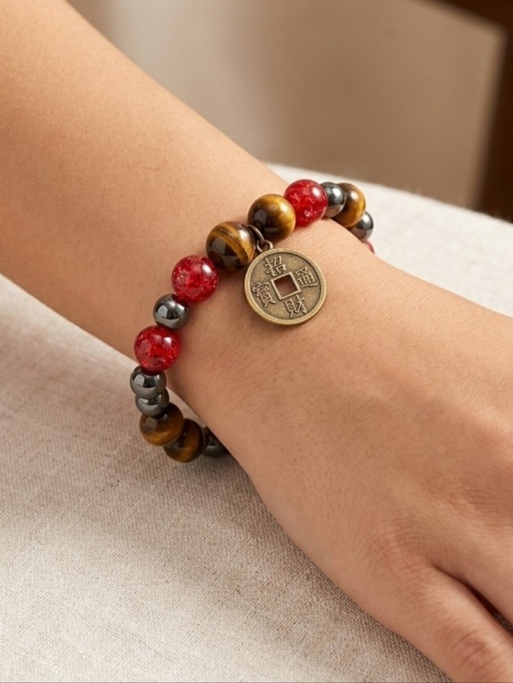 Glass Beaded Tiger Eye Bracelet Stretch